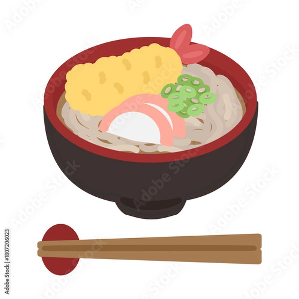 Fototapeta 年越しそば（天ぷらそば）と箸　イラスト