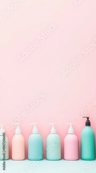 Fototapeta Clean pastel colored pump bottles lined up. Beauty and skincare product containers standing on a light blue surface, pink backdrop.