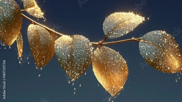 Fototapeta Golden leaves covered in glistening water droplets, branch extends, dramatic dark background