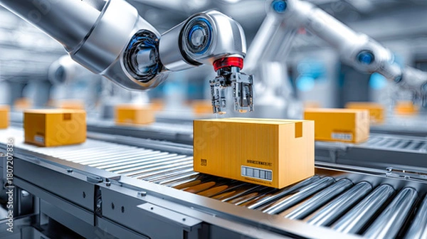 Obraz Autonomer Logistikroboter transportiert Pakete auf einem automatisierten Förderband in einer modernen Lagerumgebung.