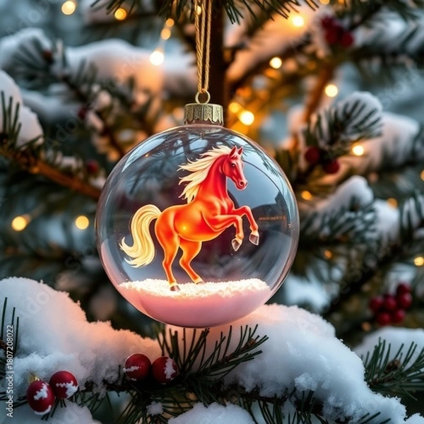 Obraz Clear Christmas Bauble with Red Rearing Horse Figurine on Snowy Winter Pine Branch Background_3