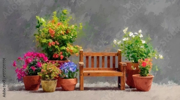Fototapeta Rustic wooden bench amidst colorful potted plants against a textured wall