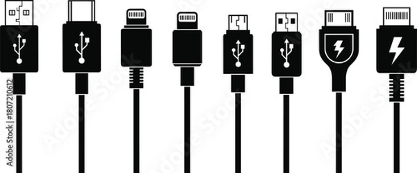 Fototapeta Set of USB cable connectors silhouette, various charging cord icons collection, mobile phone data wire types, electronic device interface vector