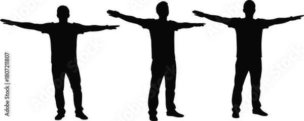 Fototapeta Silhouette of three men standing with arms outstretched, isolated on white background, concept of freedom, balance, teamwork, and fitness.