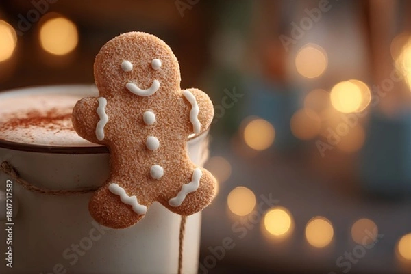 Obraz Gingerbread Ornament and Hot Beverage on a Blurry Background