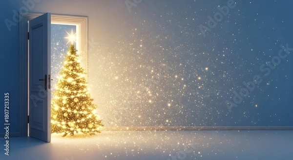 Fototapeta Glowing Christmas tree by an open door with soft light and ample copy space
