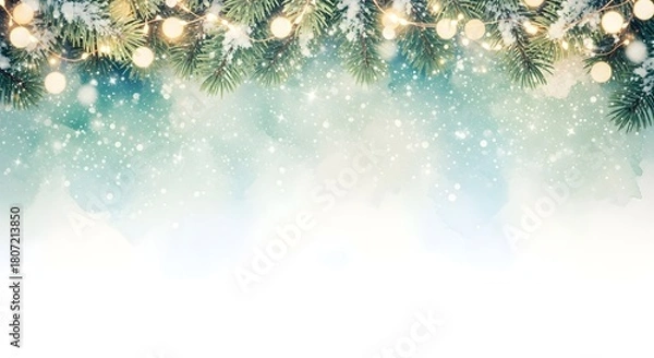 Fototapeta Christmas winter watercolor background with lights, pine branches, and bright copy space.