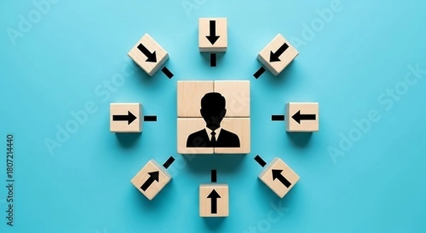 Fototapeta Central figure with arrows pointing in and out, symbolizing communication, connection, and workflow management
