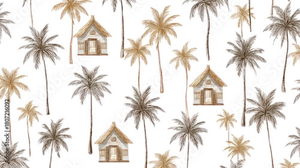 Obraz Seamless pattern featuring tropical huts and graceful palm trees illustrated in warm earthy tones for natural island inspired decorative designs
