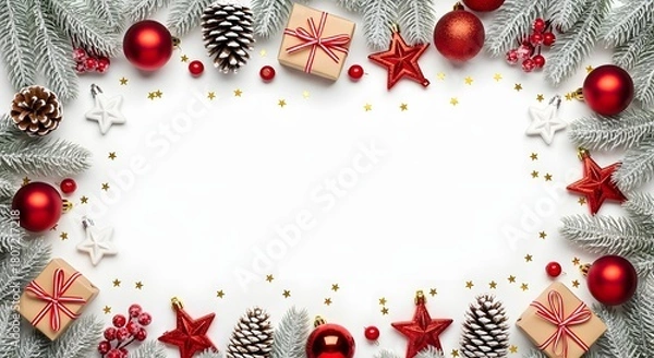 Fototapeta  Christmas border with red ornaments, silver fir, gifts, and copy space on white.
