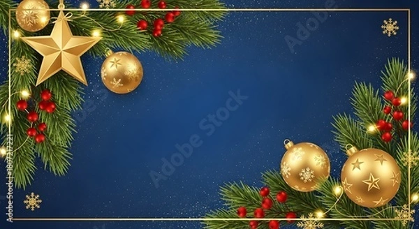 Fototapeta blue Christmas background with gold ornaments, holly, and green festive branches. copy space