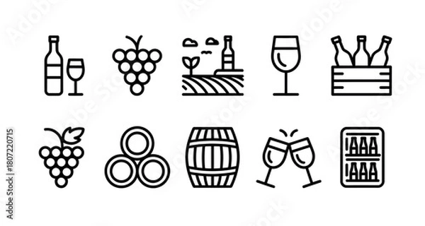 Obraz Collection of wine-related icons, including bottles, grapes, barrels, and wine glasses