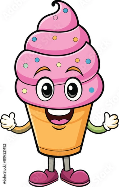 Fototapeta Adorable and happy cartoon ice cream cone illustration with pink swirls and a friendly face
