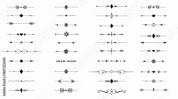 Fototapeta Elegant vector text dividers set with arrows, stars, and hearts.