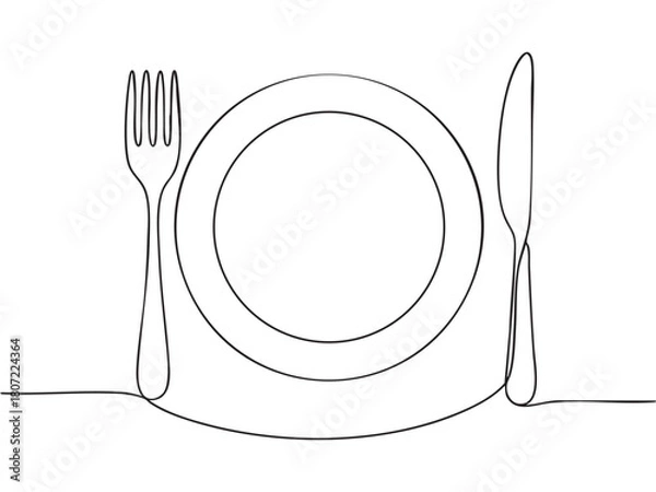 Fototapeta One continuous linear plate, high and fork. Vector illustration.
