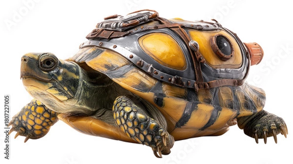 Fototapeta Cute turtle carrying a sports racket on its back in a playful whimsical illustration, detailed character artwork isolated on white background
