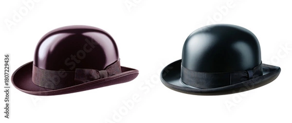 Fototapeta Two bowler hats in dark colors with patterned bands against a black backdrop on transparent background