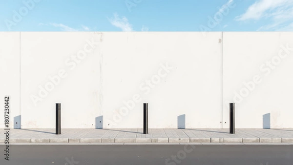Obraz Minimalist urban scene featuring white wall and black bollards against clear blue sky. simplicity evokes sense of calm and space