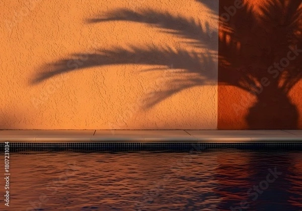 Fototapeta Tranquil scene of swimming pool and palm tree shadow during the warm sunset hour