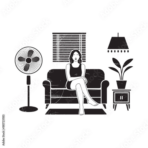 Fototapeta Woman relaxing on sofa in a room with a fan and lamp