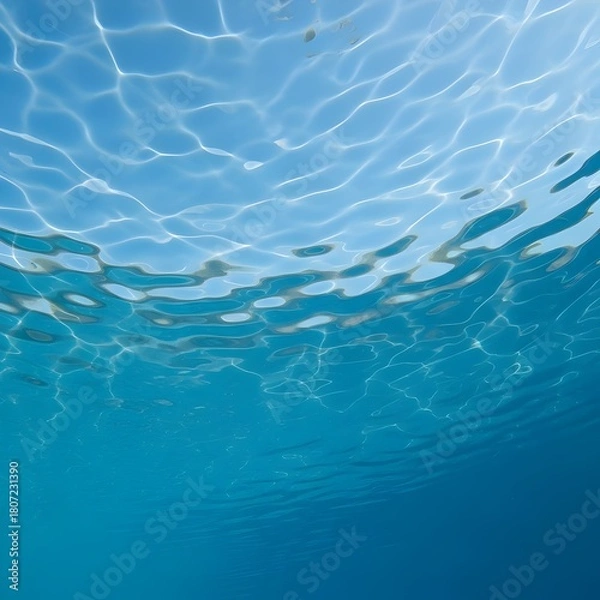Fototapeta Underwater light patterns create abstract design on blue water surface perfect for backgrounds