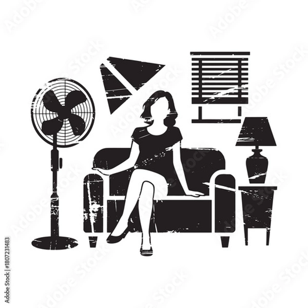 Obraz Woman sitting on sofa in room with fan and lamp