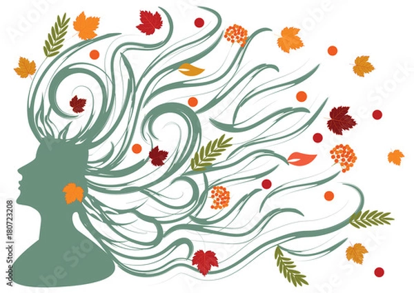 Obraz Female image of Autumn - face in profile with long hair with maple leaves - on white background - art vector