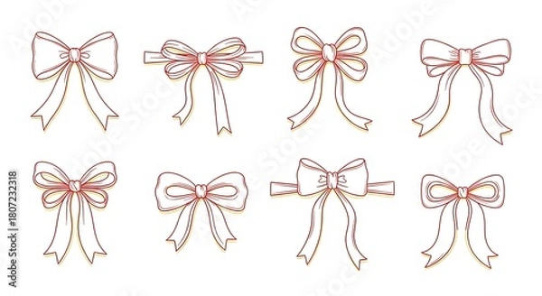 Fototapeta Collection of elegant hand drawn rose gold bows with flowing ribbons