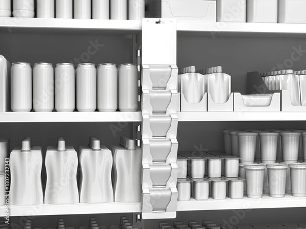Obraz Close-up of supermarket shelves with blank goods and hanging display stand for square product packs. 3d illustration