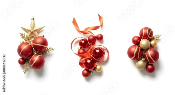 Fototapeta Three clusters of red and gold christmas ornaments on white background