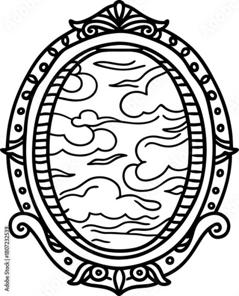 Fototapeta Ornate vintage oval mirror with decorative frame featuring clouds and sky reflection in elegant outline