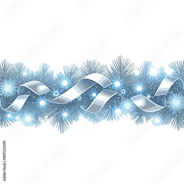 Fototapeta Horizontal Icy Blue Christmas Garland Border with Silver Ribbon and Snowflakes
