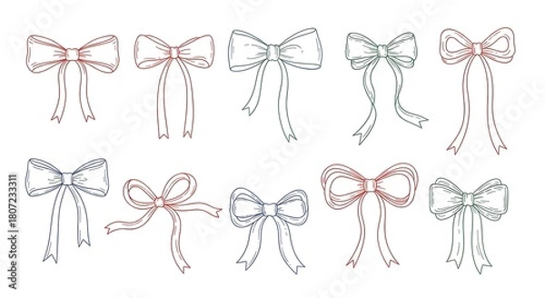 Fototapeta Collection of decorative hand drawn bows in various colors and styles