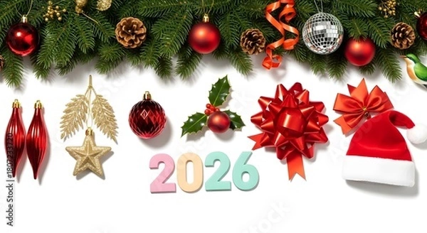 Fototapeta Festive christmas decorations and ornaments with numbers 2026 on white background