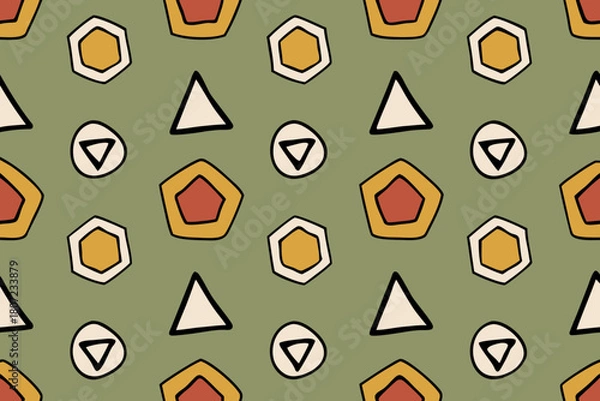 Fototapeta Abstract Geometric Pattern with Circles Triangles and Pentagons on Green seamless background