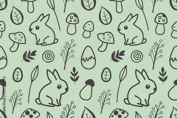 Fototapeta Cute Easter Bunny and Mushroom Pattern Seamless Background rabbit toadstool