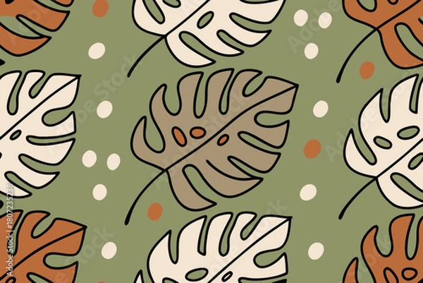 Fototapeta Seamless Pattern Of Monstera Leaves With Beige And Terracotta Hues Keywords: monstera, leaf, pattern, seamless, tropical, botanical, nature, green