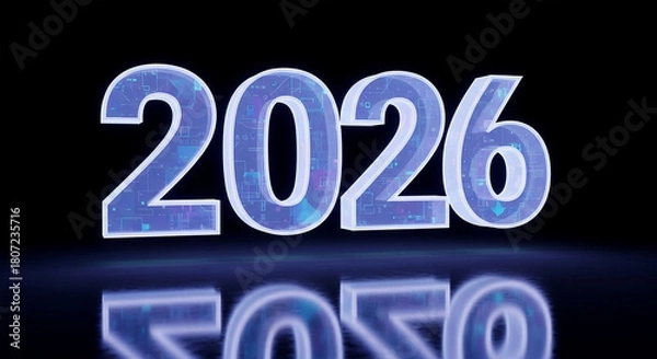 Obraz 3D Render of Futuristic Glowing 2026 on Black Reflective Background – Cyberpunk New Year
