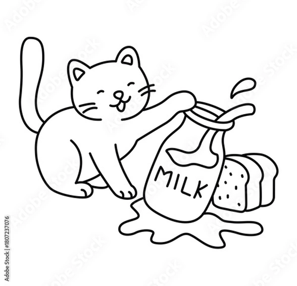 Fototapeta Adorable cartoon kitten playfully coloring page for kids and adults