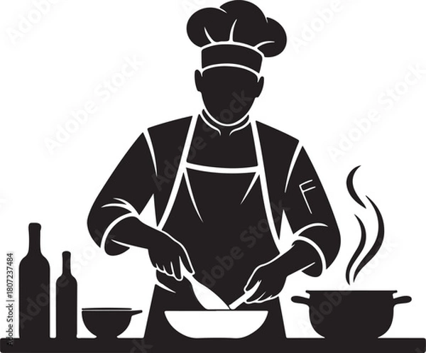 Fototapeta Silhouette of a chef cooking in a kitchen with steam rising from a pot