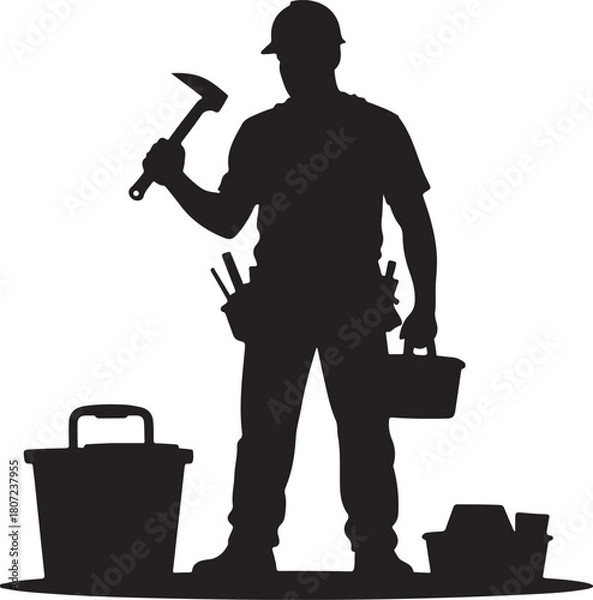 Fototapeta Silhouette of a construction worker holding a hammer with tools and buckets