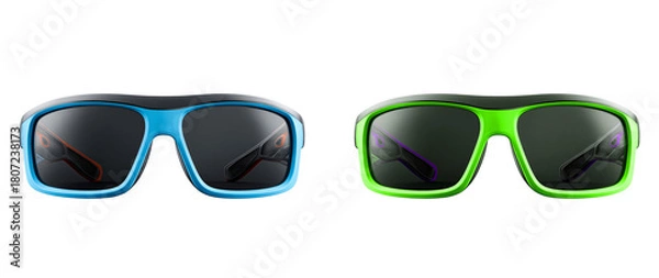 Fototapeta Two pairs of sunglasses in blue and green on a black studio background shot on transparent background