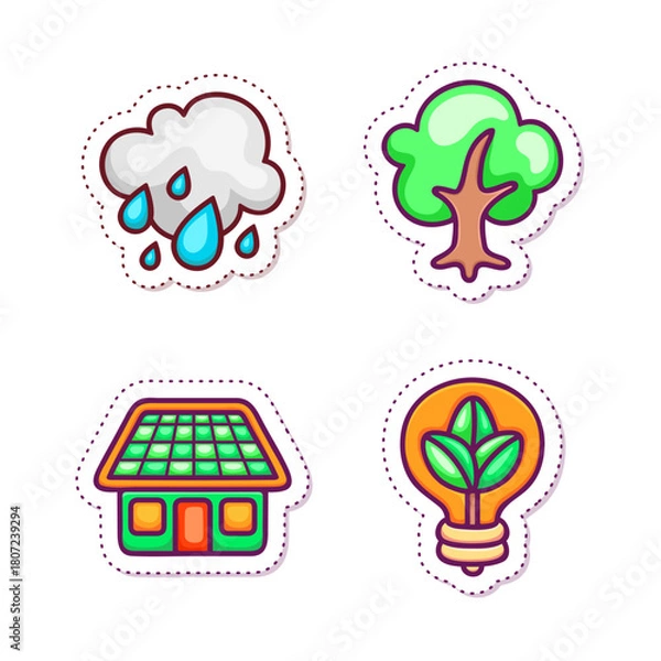 Obraz Cute illustrated eco-friendly stickers including a house with solar panels, a tree, rain cloud, and light bulb