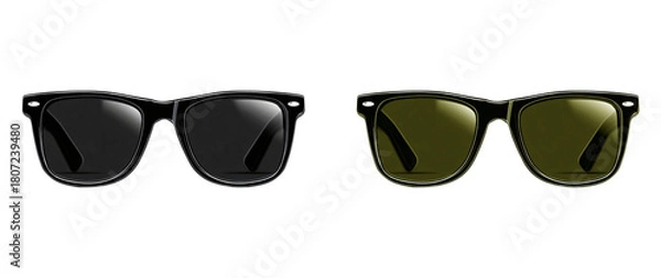 Fototapeta Two pairs of wayfarer sunglasses one with dark lenses and one with yellow lenses on transparent background