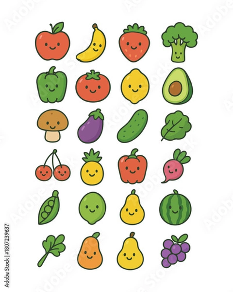 Fototapeta fruits and vegetables, fruit collection, vegetable collection, fresh vegetable produce set, healthy fruit vector, organic fruits, organic vegetables, colorful fruits, nutritious vegetables,