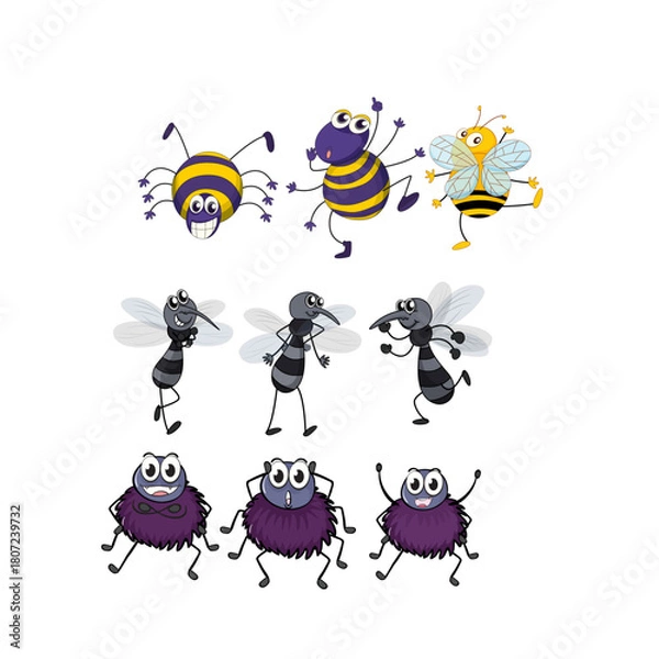 Obraz Set of cartoon spiders and flies, cute and colorful vector illustrations for children's educational content