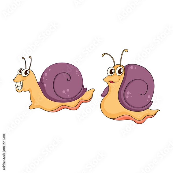 Obraz Two Cartoon Snails With Swirly Shells, One Smiling Wide and the Other Looking Surprised
