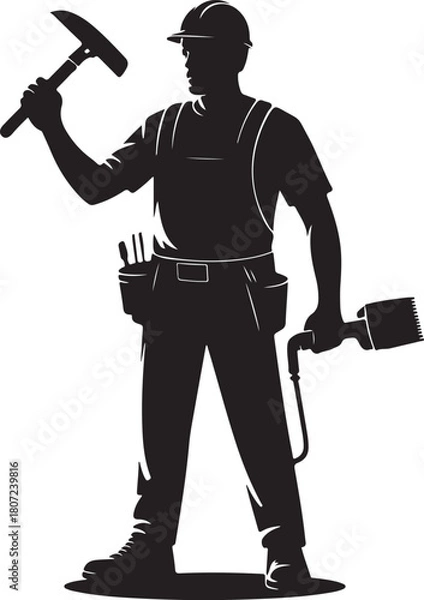 Fototapeta Silhouette of a construction worker holding a hammer and paintbrush