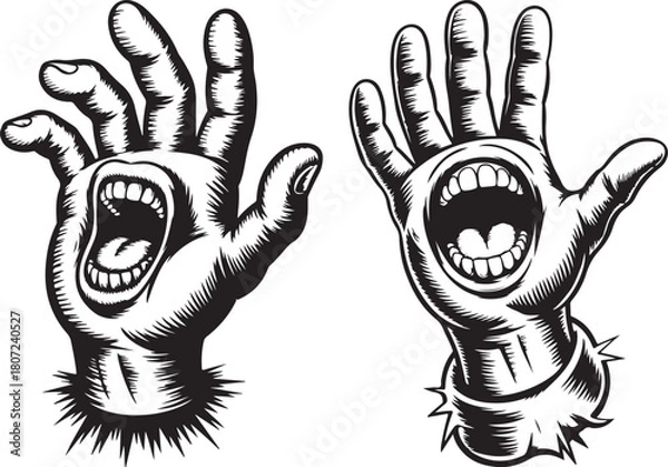 Fototapeta screaming monster hand illustration set with surreal horror cartoon details