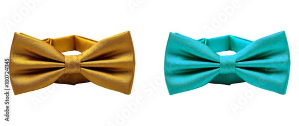 Fototapeta Two shiny bow ties in gold and teal against a black studio background shot on transparent background